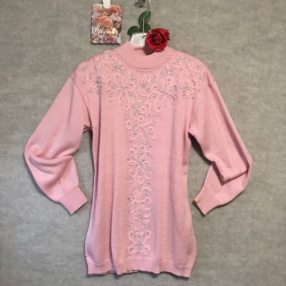 VTG Jaclyn Smith PINK SWEATER EMB SILVER & MOCK CREW TURTLENECK EMB EUC - Picture 9 of 9